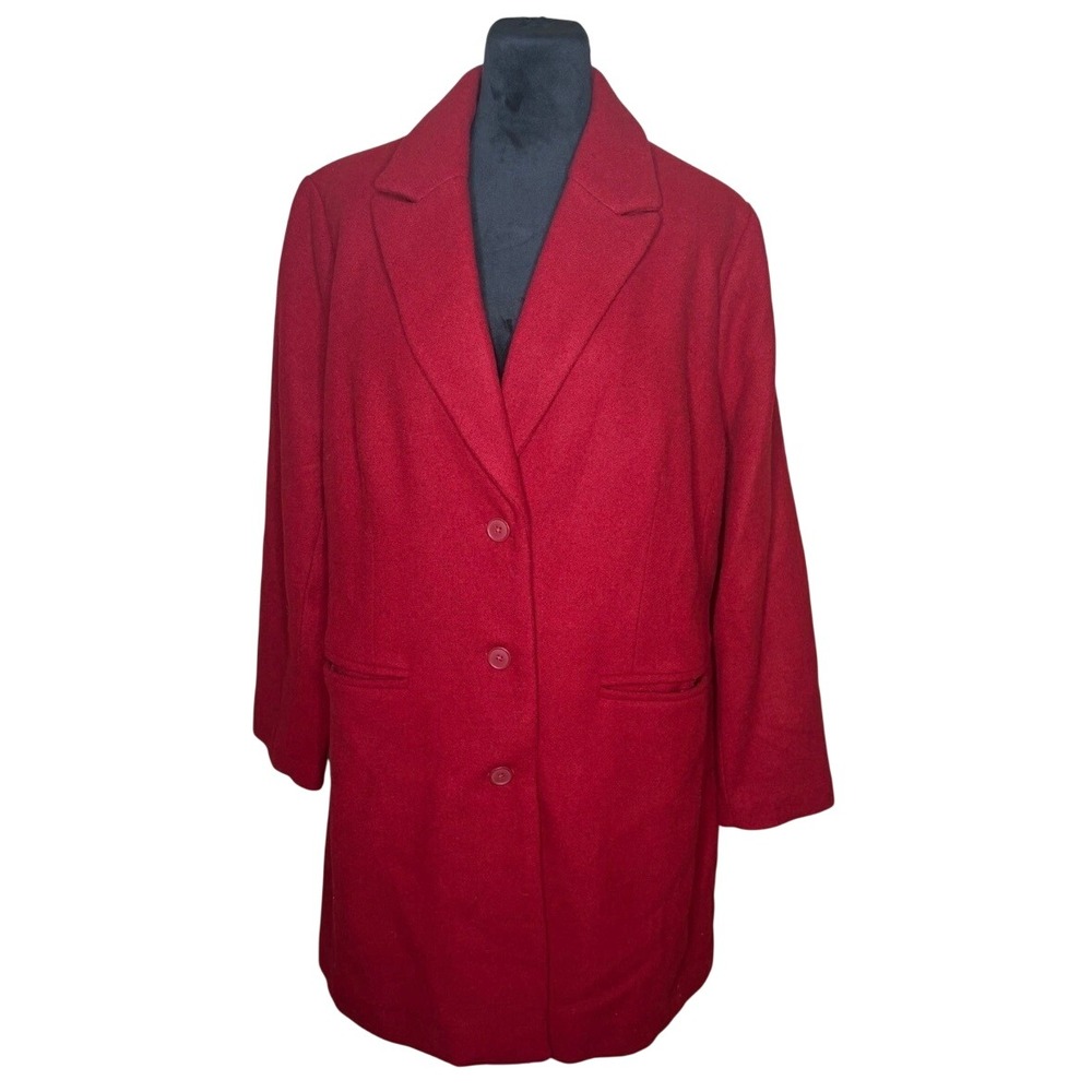 Ellos Red Wool Blend Longline Pea Coat Plus Size 18 Notched Lapel Button Jacket